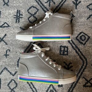 High top metallic sneakers - girls size 5 rainbow sole zip up side